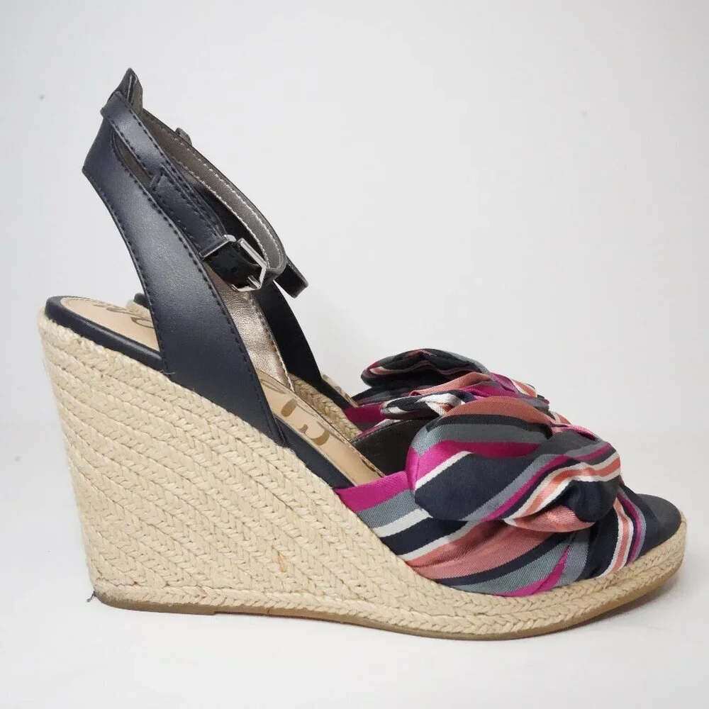 Sam Edelman, Aubrey Espadrille Wedge Striped Bow‎ Sandal, Navy, Pink, Tan